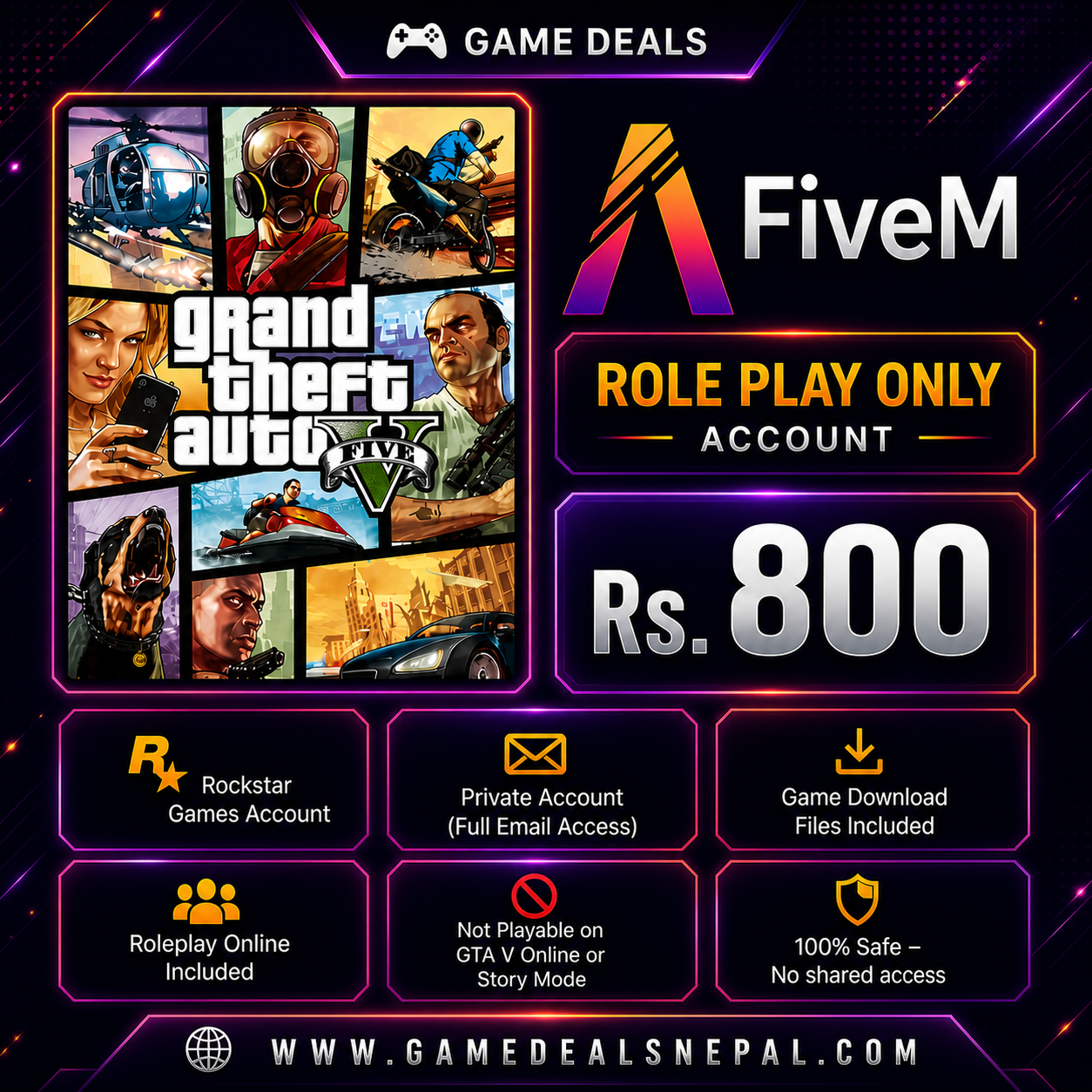 GTA V : FiveM Role Play Only Account